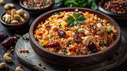 Traditional Rice pilaf with nuts and sundried dates on wooden table.  Food for Ramadan, Raya Hari, Eid al-Adha and Mawlid. AI generated - obrazy, fototapety, plakaty