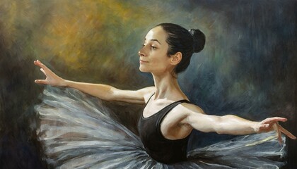 An elegant ballerina in a serene pose, her face reflecting both concentration and grace - obrazy, fototapety, plakaty