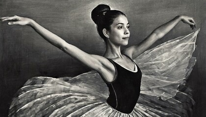 An elegant ballerina in a serene pose, her face reflecting both concentration and grace - obrazy, fototapety, plakaty