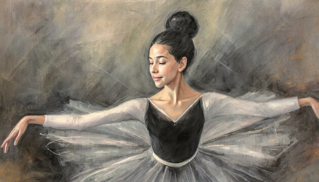 An elegant ballerina in a serene pose, her face reflecting both concentration and grace