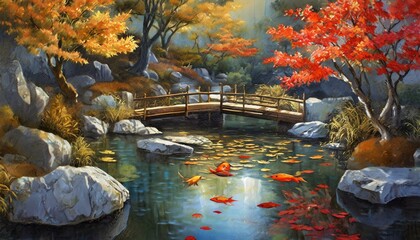 A peaceful Zen garden in autumn, with a koi pond, red and gold maple trees, stone pathways