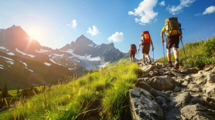 Adventurous hikers trekking mountain trail at sunset, enjoying outdoor exploration together - obrazy, fototapety, plakaty