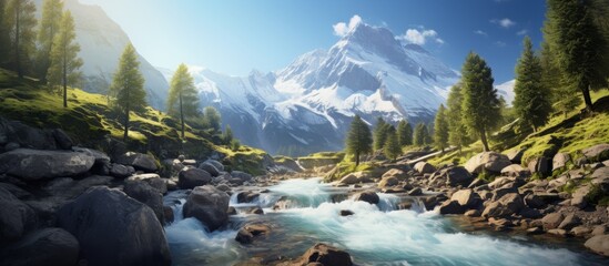 A scenic river winds through a lush mountain valley, with trees and rocks under a clear sky. The...