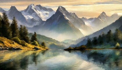 sunrise over the mountains. A serene mountain landscape at sunrise, featuring misty valleys and snow-capped peaks.