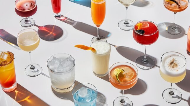  a table topped with lots of different types of glasses filled with different types of drinks and garnished with garnishes.