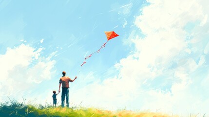 A man and a child fly a kite into the sky