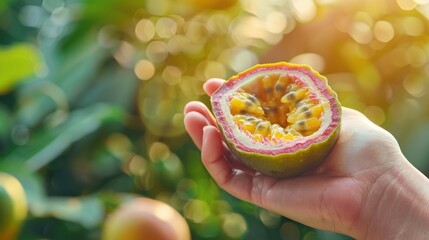 Passion fruit selection  hand holding ripe passion fruit on blurred background with copy space
