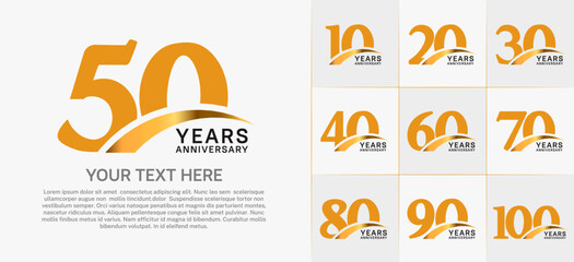 Set of Anniversary Logotype with gold swoosh, orange color can be use for special day celebration