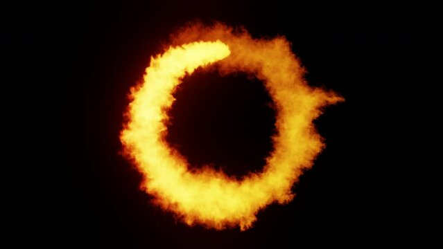 Fiery dusty ring loop on a black background 3D render. Pattern of colored smoke with randomly flying particles. Spiral smoky particles VJ disco. Round fire frame overlay as design element