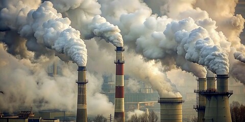 Air Pollution from Power Plant Chimneys Closeup - obrazy, fototapety, plakaty