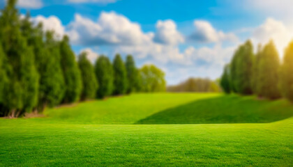 Blurred background image of trimmed lawn surrounded by trees against a blue sky on a sunny day. 