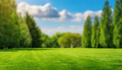 Blurred background image of trimmed lawn surrounded by trees against a blue sky on a sunny day. 