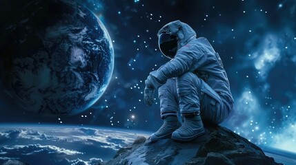Astronaut in spacesuit sits on another planet. Spaceman in deep space. AI Generated  - obrazy, fototapety, plakaty