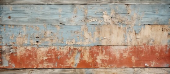 An artistic closeup of a weathered wooden wall with peeling paint, showcasing a unique pattern of rectangular shapes and textured landscape