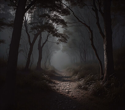 Path through the foggy and dark forest, Nature wallpaper. Generative ai