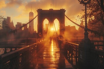 The sun is painting the sky through the Brooklyn Bridge at sunset, creating a stunning natural...