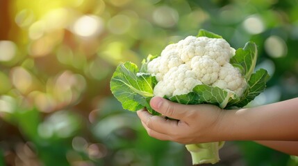 Hand holding fresh cauliflower head, selection on blurred background with copy space - obrazy, fototapety, plakaty