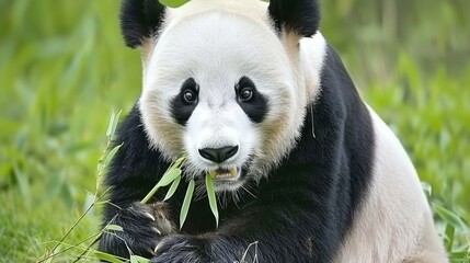  a black and white panda eating bamboo in a grassy area with tall grass in the foreground and another panda in the background.