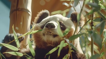  a close up of a panda eating a leafy branch of a tree with a blue sky in the background.