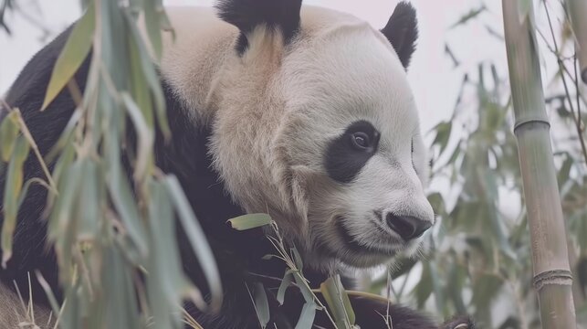  a panda bear sitting on top of a tree next to tall bamboo leaves and looking at the camera with a sad look on his face.