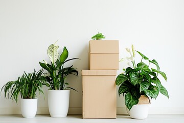 Group of plants in pots with cardboard boxes on the floor