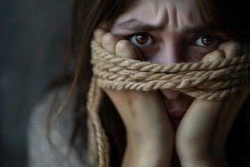 A woman holding a rope tightly around her face, expressing fear and restraint. - obrazy, fototapety, plakaty
