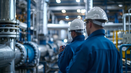 Fototapeta premium Engineer and technician working in oil refinery factory. Industrial background.