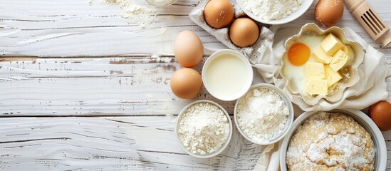 Cake baking in a traditional kitchen - ingredients for dough recipe (eggs, flour, milk, butter, sugar) displayed on a white wooden table. Top-down view with space for text.