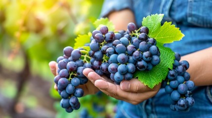 Hand holding fresh grapes, focused selection, blurred background, copy space for text
