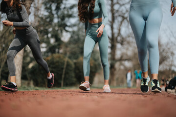 Close-up on the legs of women running on a track, showcasing their athletic gear and active...
