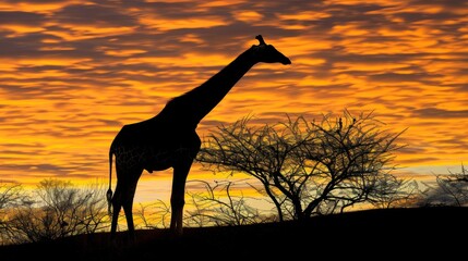  a silhouette of a giraffe in front of a sunset with clouds in the sky and trees in the foreground.