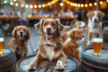 Group of dogs sitting on top of wooden barrels, socializing and enjoying themselves. - obrazy, fototapety, plakaty