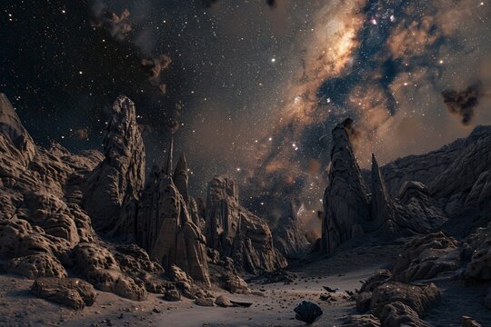Starry sky, Milky Way galaxy in the background, starry night sky, alien landscape with rock formations, scifi fantasy photography