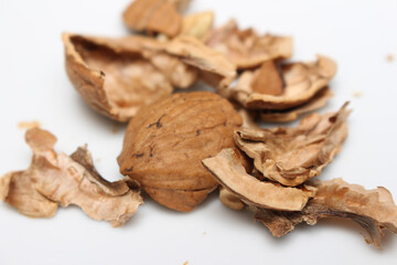 cracked walnut. scattered walnut shells. fruit with hard skin.