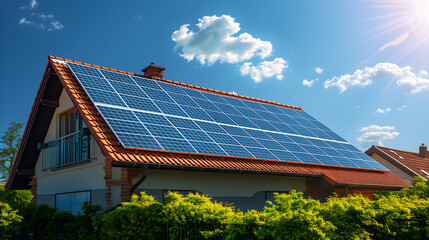 Solar panels installed on the roof of a house with a blue sky
