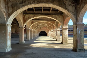 Interior of old an abandoned plaza with old building featuring arches and pillars.