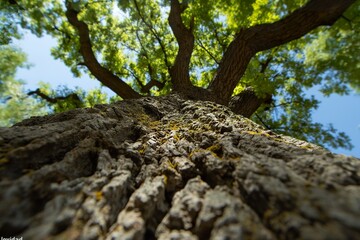 View from below of a tall tree stretching its branches towards the sky.