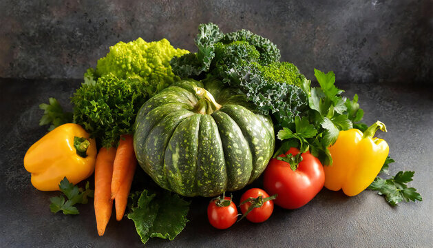 A group photo of green and yellow vegetables. pumpkin. Carrot. tomato. parsley. Spinach. paprika. spinach.