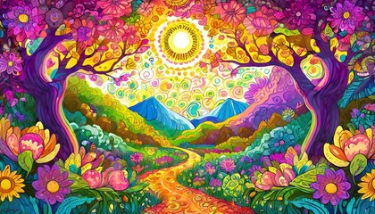 A colorful painting depicting a lively landscape filled with various trees and blooming flowers.