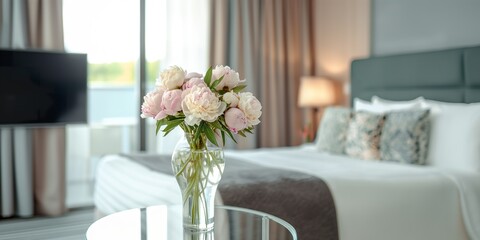 A bouquet of white and pink peonies in a glass vase placed on a table in a hotel room.
