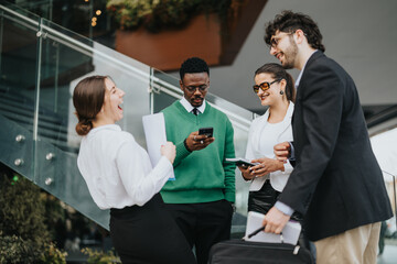 Diverse group of business professionals in a discussion outside an office building, with documents...
