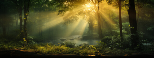 Mystical Forest Landscape with River and Sunlight Rays - obrazy, fototapety, plakaty