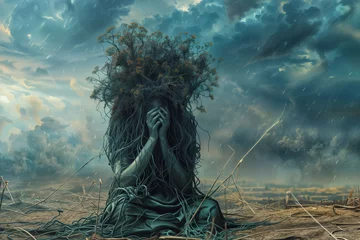 Raamstickers Enigmatic figure with nature-infused hair on moody landscape © bluebeat76