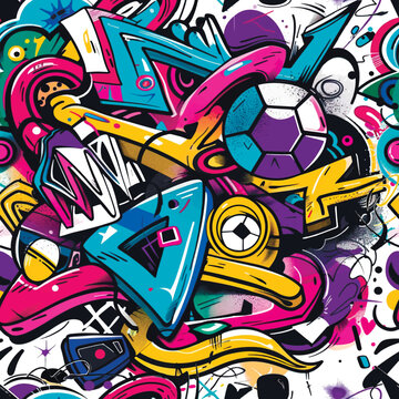 3d graffiti style sports football Doodles squiggles colorful fun abstract seamless pattern background illustration with doodle lines, different hand drawn shapes lines. Vector bright endless ornament