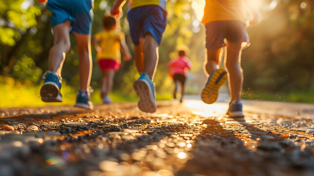 Group of children running together in the park. Healthy lifestyle concept.