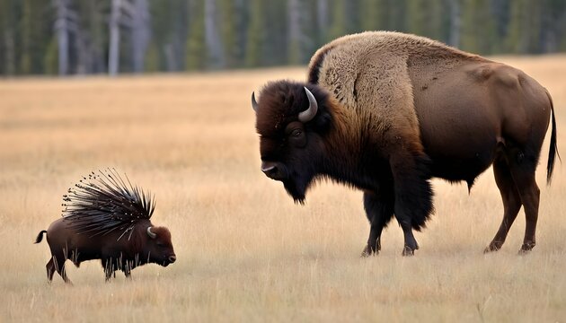 A Bison With A Lone Porcupine