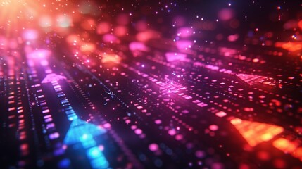 Abstract green background, with tech elements and graphic arrows pointing up, stock market concept