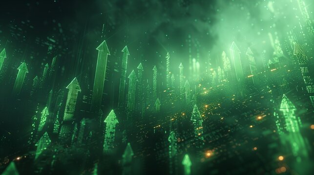 Abstract green background, with tech elements and graphic arrows pointing up, stock market concept