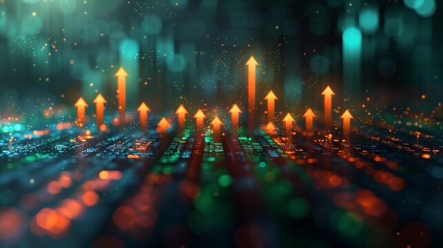 Abstract green background, with tech elements and graphic arrows pointing up, stock market concept
