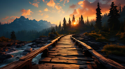 An elegant bridge that meets the dawn among the mountains, as if welcoming a ne - obrazy, fototapety, plakaty